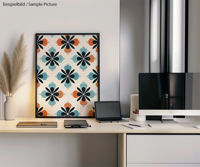 Modern desk setup with a geometric patterned art piece, laptop, and decorative pampas grass in a minimalist office.