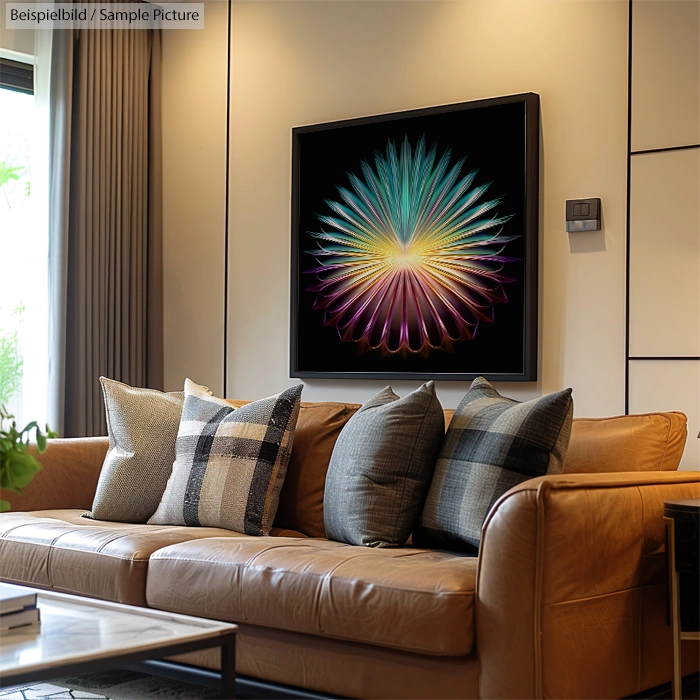 Modern living room with brown leather sofa, patterned pillows, and colorful abstract artwork on the wall.