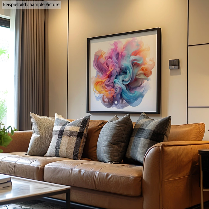 Modern living room with tan leather sofa, plaid cushions, and colorful abstract art on wall.