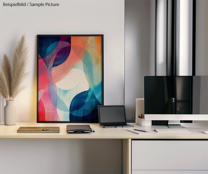 Workspace with a colorful abstract painting, laptop, desktop monitor, books, and decorative grasses on a light desk.