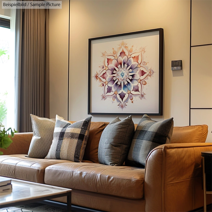 Modern living room with brown leather sofa, decorative pillows, and a geometric wall art piece.