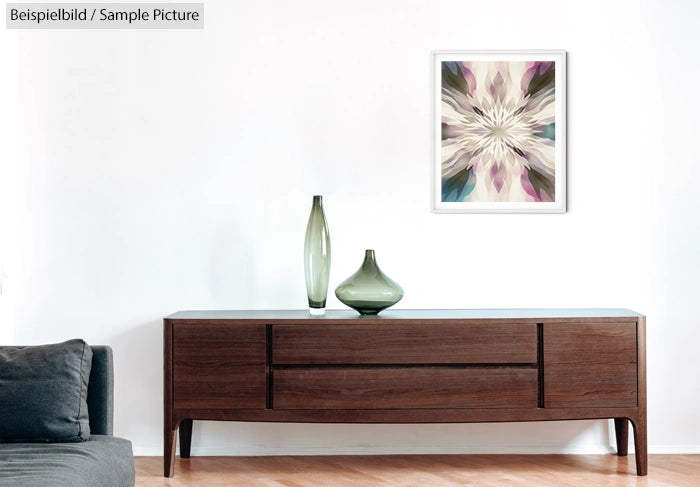 Modern living room with wooden sideboard, decorative vases, and abstract wall art.