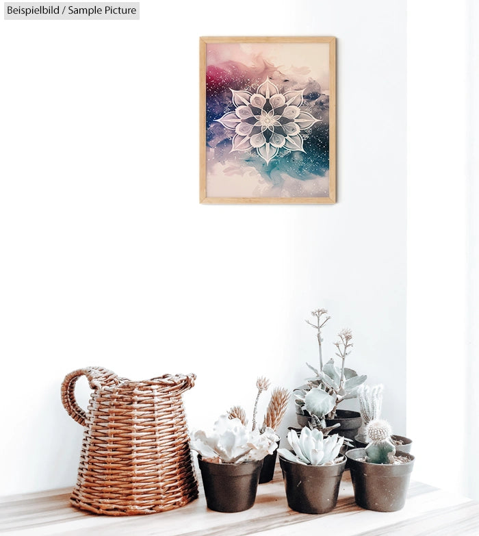 Framed floral artwork on wall above potted succulents and a wicker basket in a bright room.