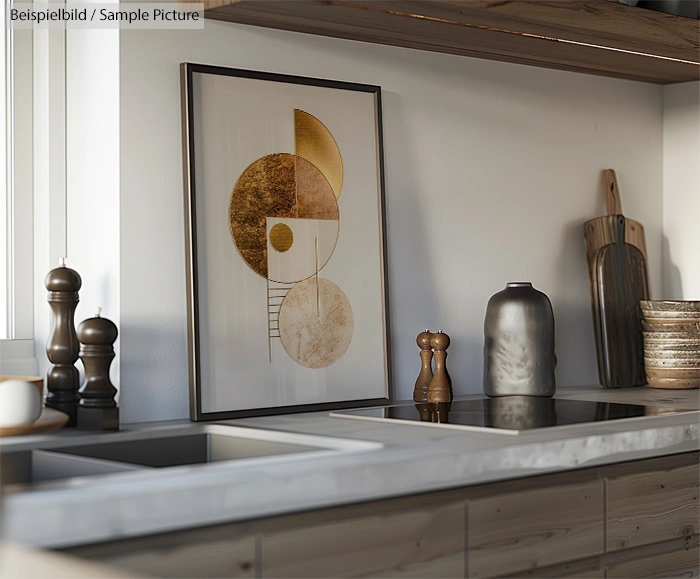 Modern kitchen with artistic geometric framed artwork on the counter, featuring gold and brown circular designs.