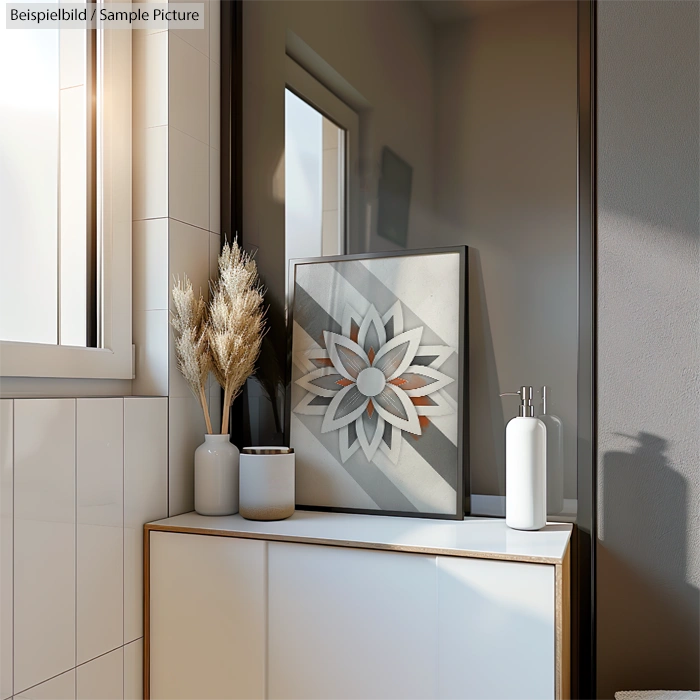 Minimalist bathroom with geometric flower artwork, pampas grass in vase, and sunlight streaming through window.