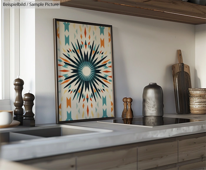 Modern kitchen with wood accents and a colorful geometric art piece on the counter next to pottery and utensils.