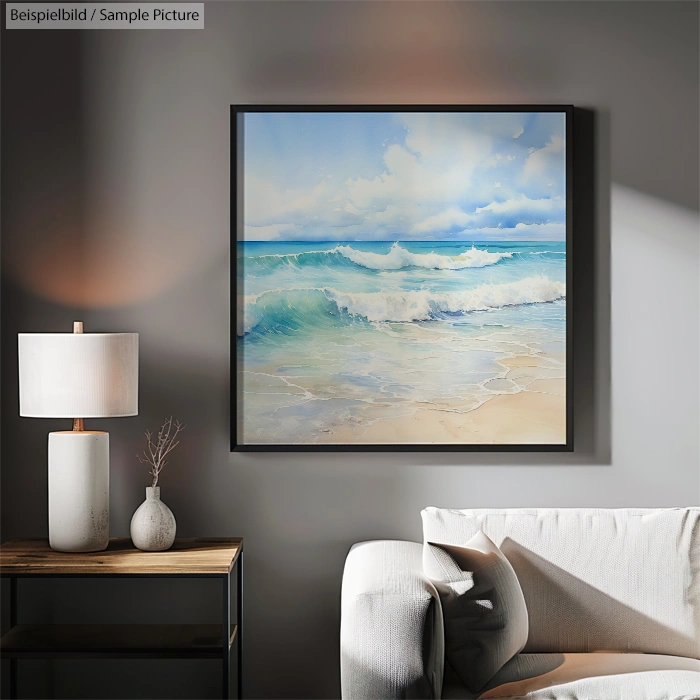 Living room with painting of ocean waves, beige armchair, lamp, and small table with vase on gray walls.