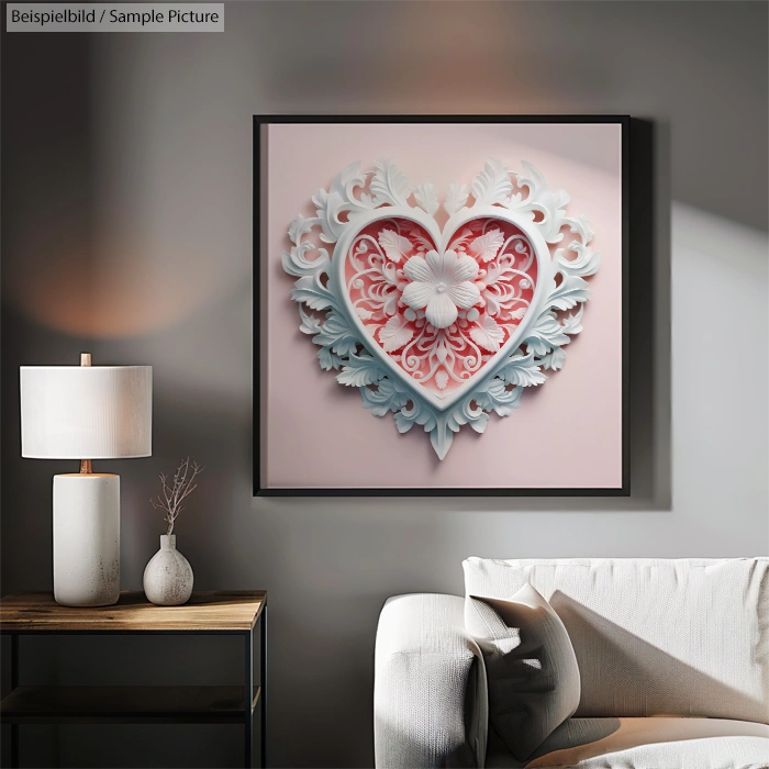 Decorative heart-shaped wall art with white floral design and pink background in modern living room setting.