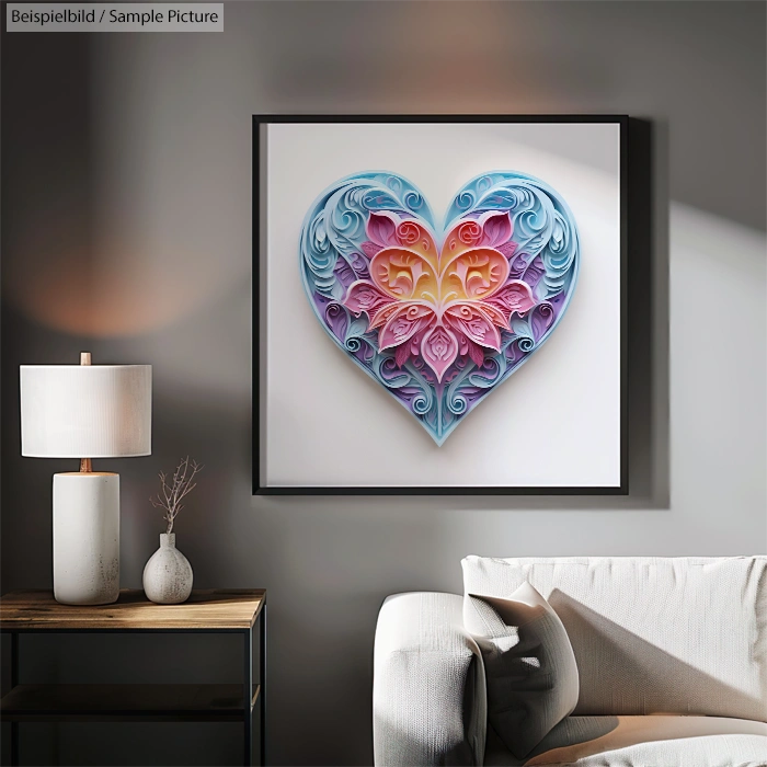 Framed heart-shaped quilled art with vibrant colors in a living room setting.