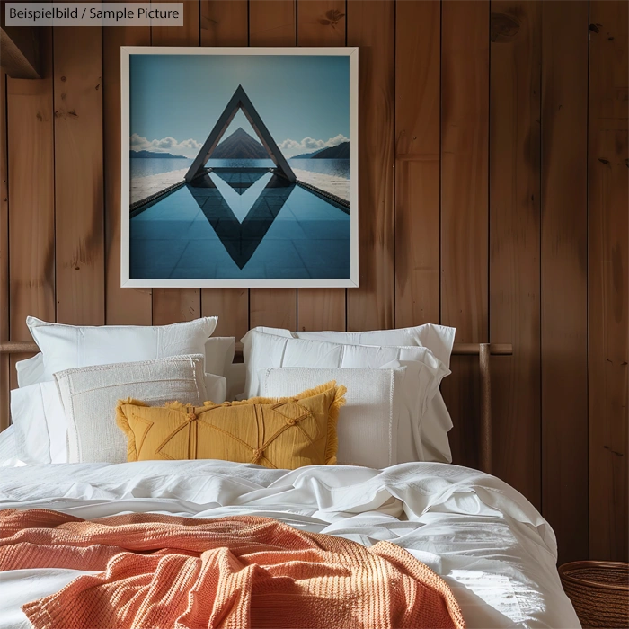 Cozy bedroom with white and orange pillows, wooden walls, and a framed geometric artwork of a triangular structure.