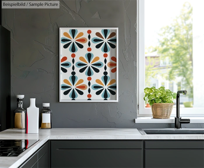 Kitchen interior with modern decor, featuring a geometric abstract painting on a grey wall above a countertop.