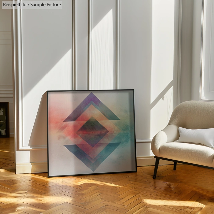 Minimalist room with a geometric abstract art piece on the floor, next to a white chair and large windows.