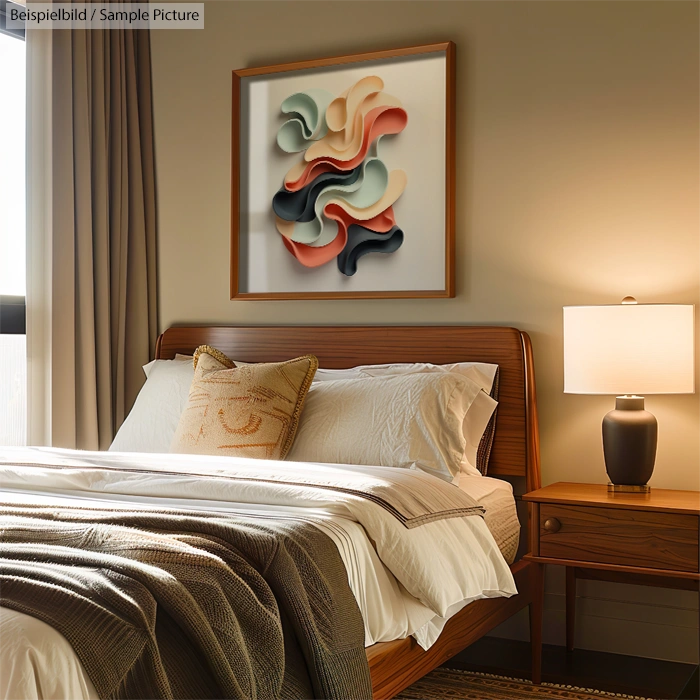 Modern bedroom with a wooden bed, abstract art on wall, and a bedside table with a lamp.