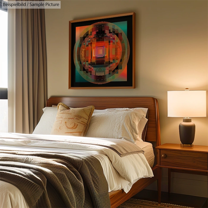 Modern bedroom with wooden bed, abstract geometric art on wall, and a lit bedside lamp.