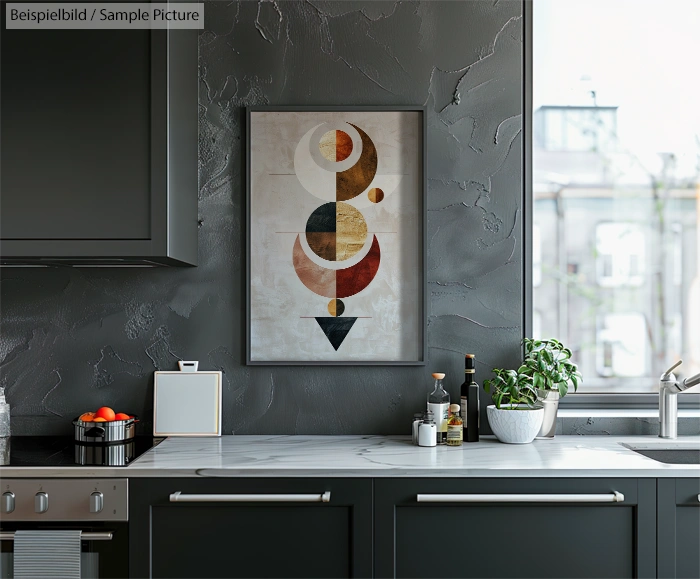 Modern kitchen with abstract framed artwork on dark textured wall, marble countertop, and sink near window.