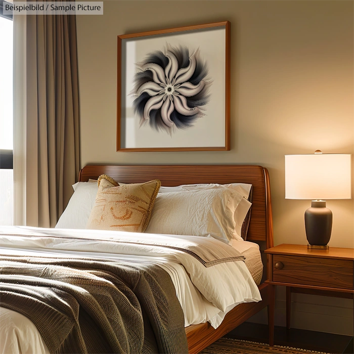 Cozy bedroom with wooden bed, white bedding, bedside lamp, and abstract black and white artwork on the wall.