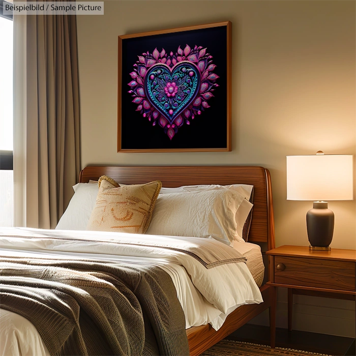 Modern bedroom with a heart-shaped floral artwork above bed, wooden furniture, and soft lighting from a lamp.