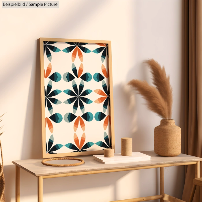 Framed geometric art print with blue and orange patterns on table with pampas grass in pottery vase.