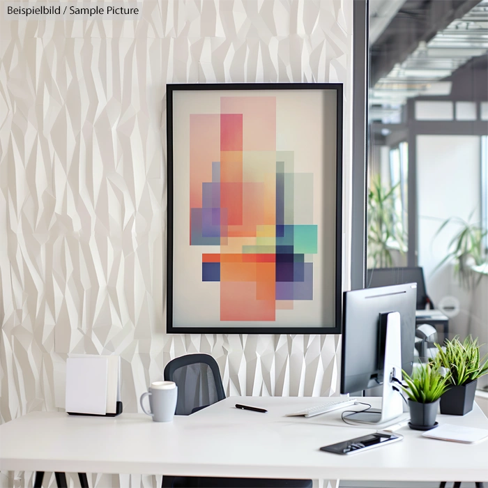 Modern office with abstract geometric art, white desk, computer, and plants.