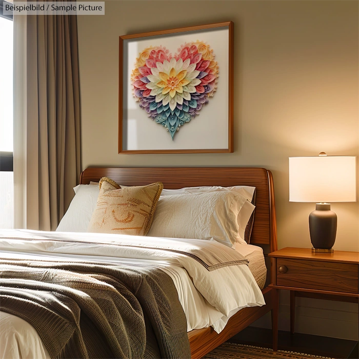 Cozy bedroom with wooden bed, colorful heart-shaped artwork, lamp, and beige curtains.