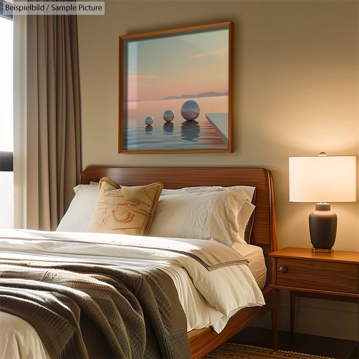 Cozy bedroom with wooden bed, soft lighting, and framed artwork of spheres over water at sunset on the wall.