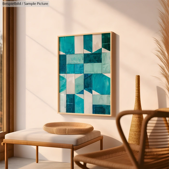 Modern abstract geometric painting in teal hues on a wall, next to a wicker chair and sunlight streaming through a window.