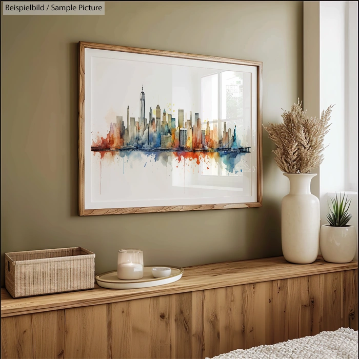 Stylish living room with framed abstract skyline painting above a wooden console with decorative vase and baskets.