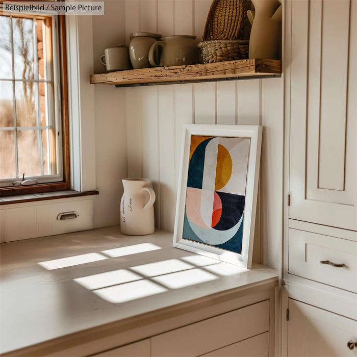 Minimalist kitchen with a framed abstract art on countertop beside a window and wooden shelves holding pottery.