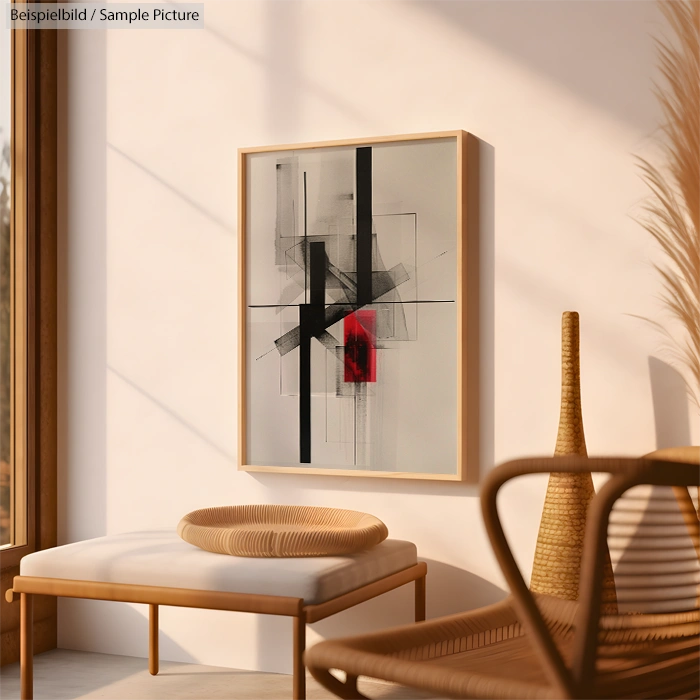 Abstract painting with black lines and red accent in sunlit room, wicker furniture and tall vase visible.