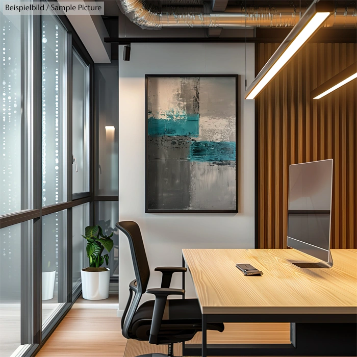 Modern office with wooden desk, black chair, abstract painting, and potted plant by large windows.