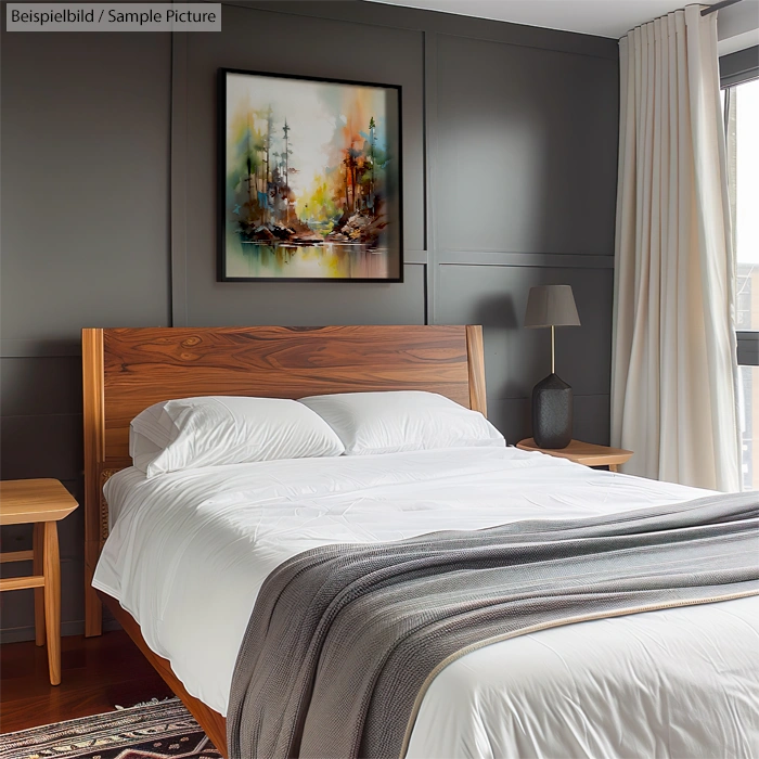 Modern bedroom with wooden bed, white bedding, abstract art on wall, and soft lighting from table lamp by window.