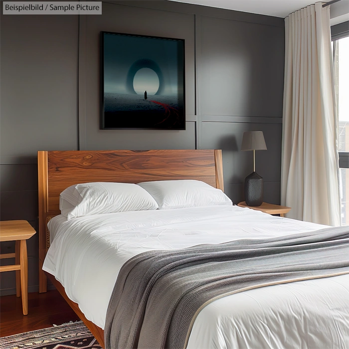 Modern bedroom with wooden bed, gray accents, and a framed abstract art piece on the wall above the headboard.