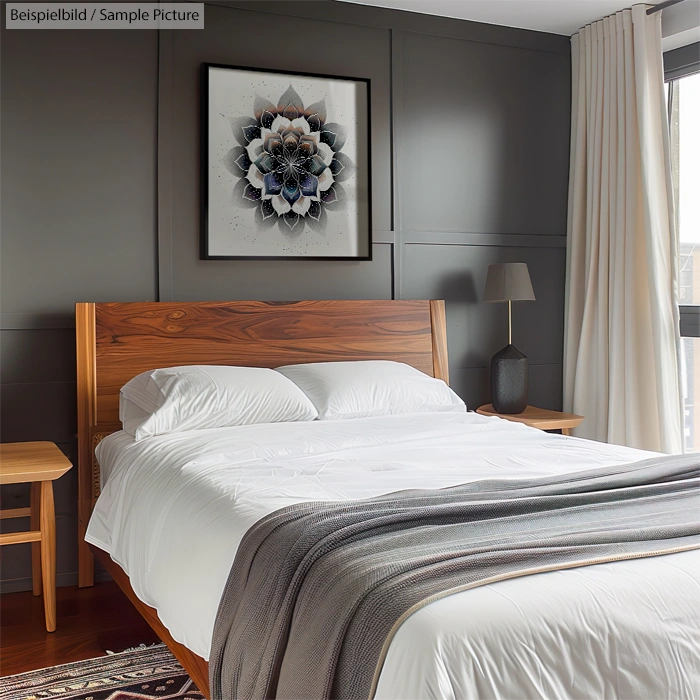 Modern bedroom with wooden bed, white linens, grey blanket, abstract floral art, wooden nightstands, and grey walls.