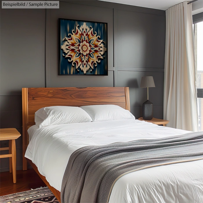 Modern bedroom with wooden bed, white bedding, and colorful mandala artwork on grey wall.