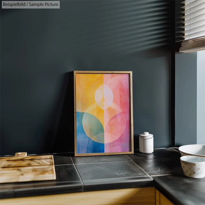 Framed abstract artwork with overlapping colorful circles on a modern kitchen counter with dark grey walls.