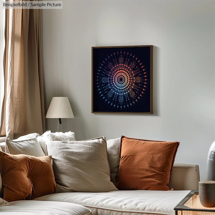 Cozy living room with white sofa, brown cushions, and geometric artwork on wall.