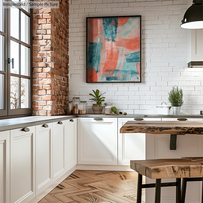 Modern kitchen with white cabinets, wooden countertops, and abstract art on a brick wall.