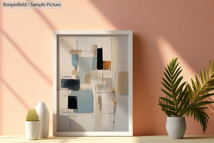 Framed abstract painting with geometric shapes, on a shelf with plants against a peach wall.