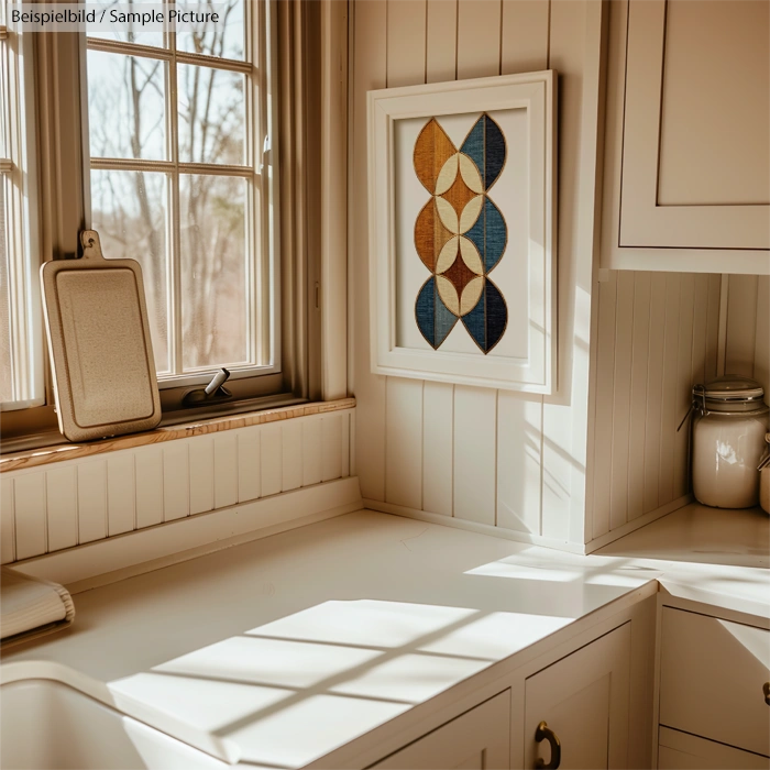 Sunlit kitchen corner with framed abstract art on wooden wall and countertop with jars and cutting board.