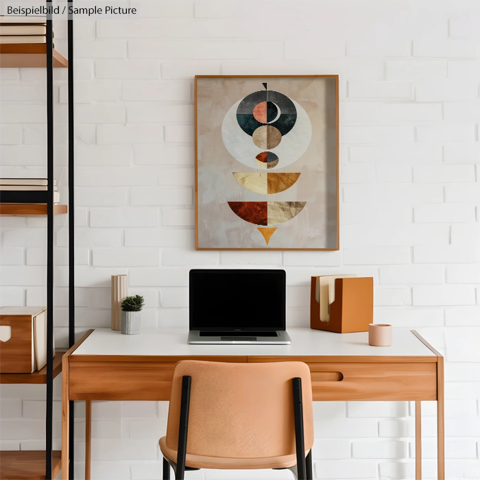 Modern home office with wooden desk, laptop, abstract art on brick wall, and a peach chair.