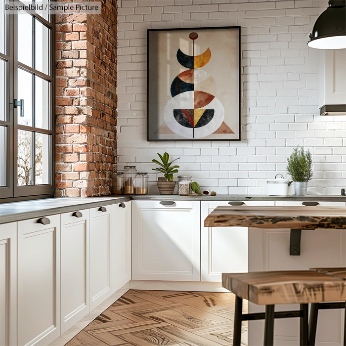 Modern kitchen with white cabinets, brick wall, geometric art, rustic wooden table, herringbone floor, and large window.