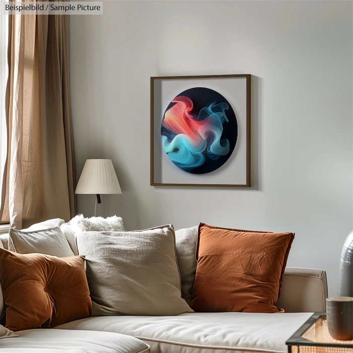 Cozy living room with abstract painting on wall, beige sofa, brown pillows, and soft natural light.