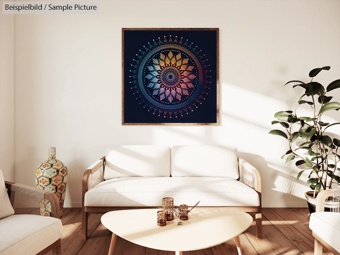 Minimalist living room with mandala art on wall, white sofa, and plants.