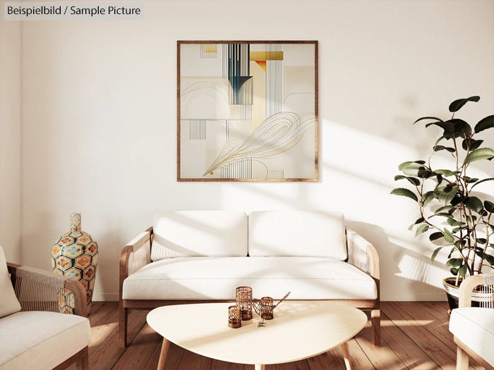 Minimalist living room with white sofa, abstract art, and wooden decor.