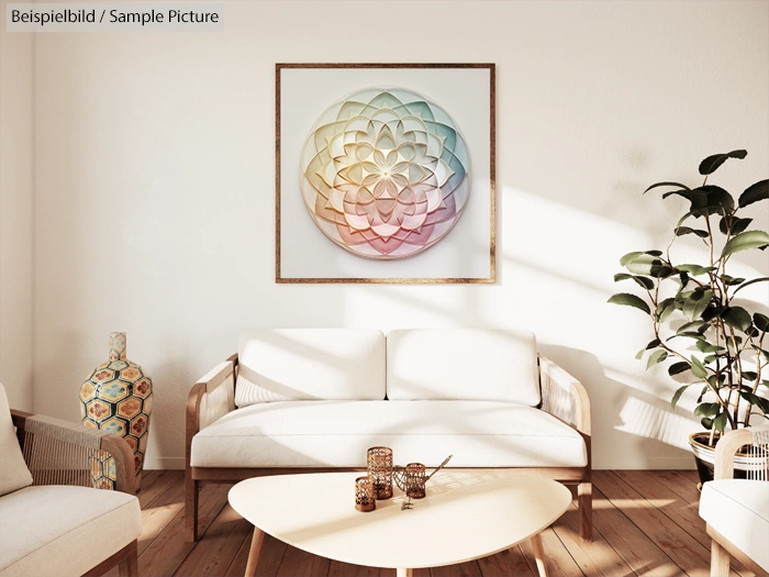 Scandinavian living room with a white sofa, colorful geometric wall art, wooden coffee table, and potted plant.