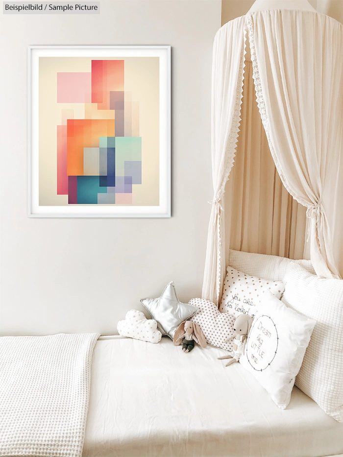 Minimalist bedroom with abstract geometric artwork above white bed and draped canopy.