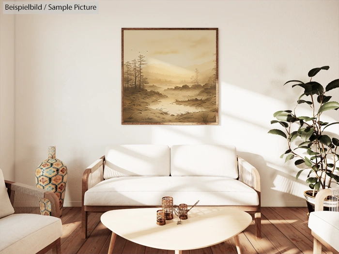 Minimalist living room with neutral tones and a landscape painting above a white sofa, featuring natural light and plants.