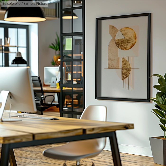 Modern office with wooden desk, computer, abstract art on wall, and large plant in bright, airy space.