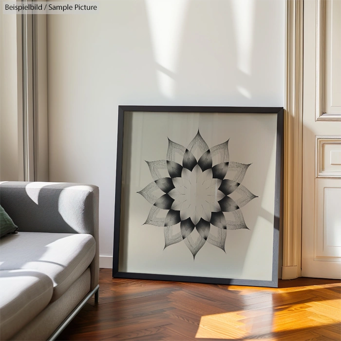 Framed geometric flower artwork leaning against a white wall near a gray sofa in a sunlit room.