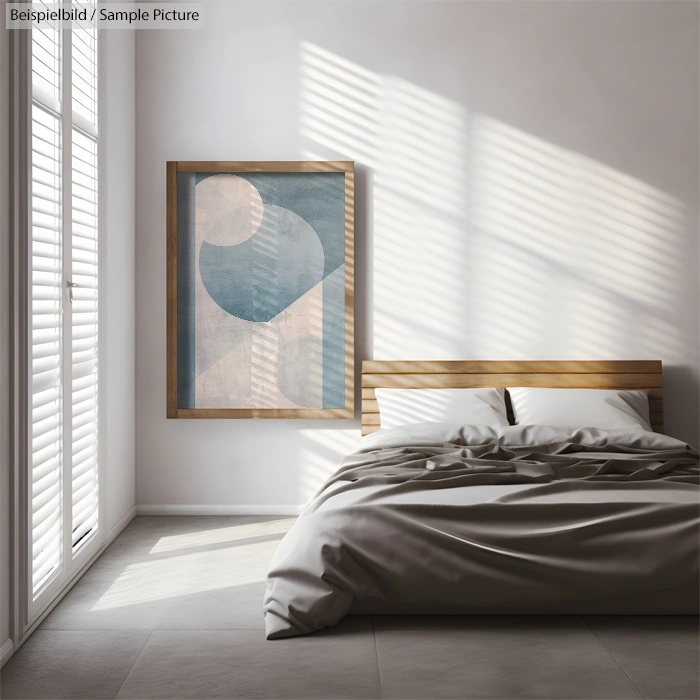 Minimalist bedroom with wooden bed, abstract art on wall, and sunlight streaming through white shutters.